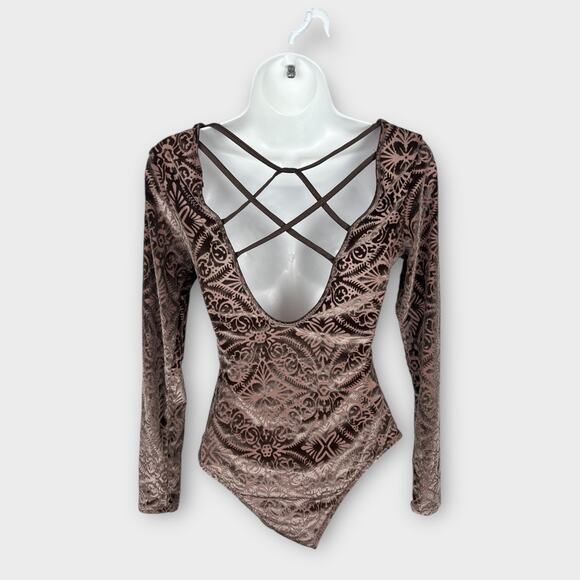 Charlotte Russe Brown Goth Gothic Long Sleeve Burnout Velvet Bodysuit Small - Picture 6 of 7
